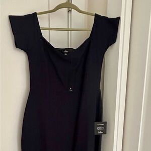 Midnight blue off the shoulder high low dress, size medium. Brand new, tags on.